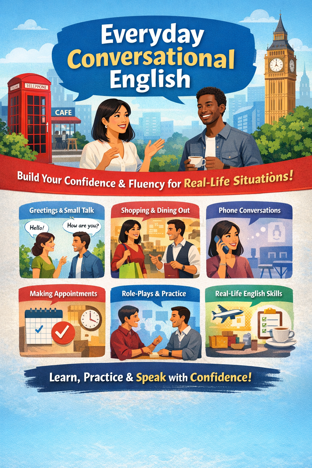 Illustration promoting an everyday conversational English course showing people practicing greetings, shopping, phone conversations, and real-life communication.